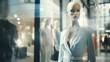 elegant mannequin staand in modern winkel venster foto