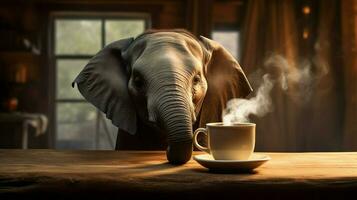 olifant mok slokjes heet koffie Aan houten tafel foto