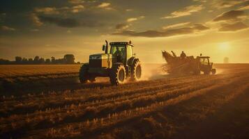 boer ploegen veld- met zwaar machinerie in zonlicht foto