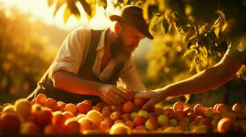 boeren oogsten vers fruit in de herfst zonlicht warmte foto