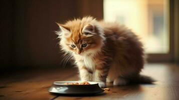 pluizig katje aan het eten van schotel Aan houten tafel binnenshuis foto