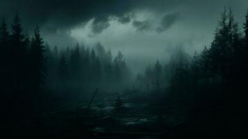 mistig Woud landschap donker silhouet mysterieus atmosfeer foto
