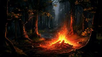Woud kampvuur Bij nacht vlammen verhelderend natuur schoonheid foto