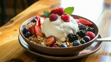 vers BES kom met yoghurt muesli en geassorteerd fruit foto