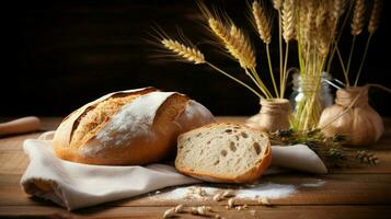 vers brood Aan rustiek houten tafel gezond aan het eten foto