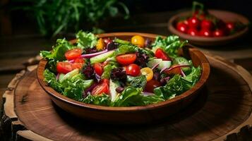 vers gezond salade met biologisch groenten Aan een houten foto