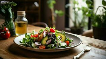 vers gezond vegetarisch maaltijd Aan houten tafel met biologisch foto