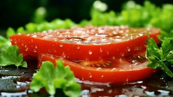vers rijp tomaat plak Aan groen blad een fijnproever zomer foto