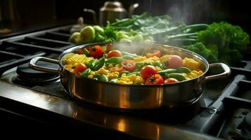 vers groenten stoven Aan fornuis top voor gezond lunch foto