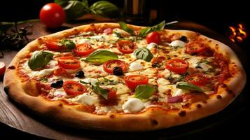 vers gebakken pizza met Mozzarella tomaat en groente foto