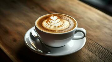 vers gebrouwen koffie in een schuimig cappuccino Aan houten tafel foto