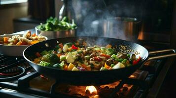 versheid en Gezondheid in een vegetarisch maaltijd gekookt binnenshuis foto