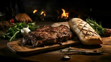 versheid en rustiek ciabatta gegrild vlees Aan een houten foto