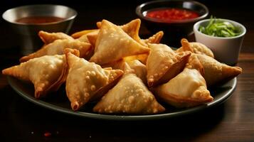 gebakken knoedels en samosa's klaar naar eten foto