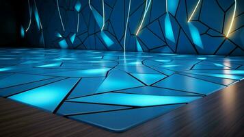 futuristische blauw meetkundig vorm Aan glad vloeren foto