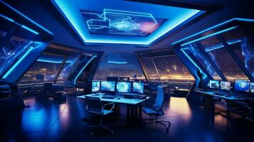 futuristische kantoor verlichte door blauw verlichting uitrusting foto