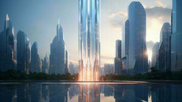 futuristische wolkenkrabber met modern glas facade weerspiegelt foto