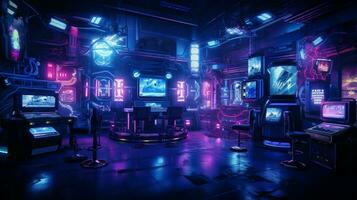 futuristische video spel uitrusting verlichte in nachtclub foto