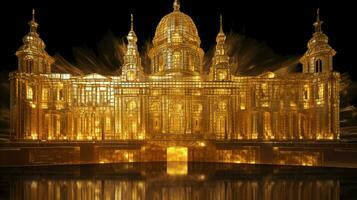 glinsterend goud architectuur verlicht de donker nacht foto