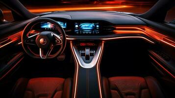 gloeiend dashboard verlicht de luxueus sport- auto foto