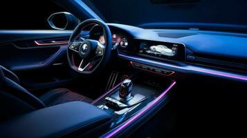 gloeiend dashboard verlicht de luxueus sport- auto foto