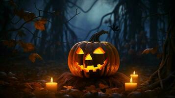 gloeiend pompoen lantaarn brengt spookachtig halloween vieren foto