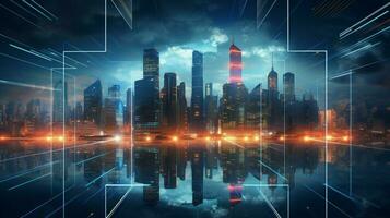 gloeiend wolkenkrabbers verlichten de futuristische stadsgezicht foto