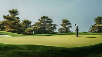 golfspeler zetten bal Aan groen gras veld- foto
