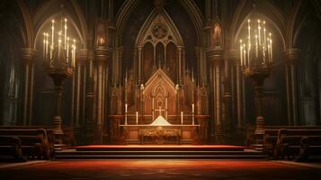 gotisch kapel met verlichte altaar en kerkbank foto