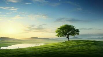 groen weide eenzaam boom rustig horizon Bij dageraad foto