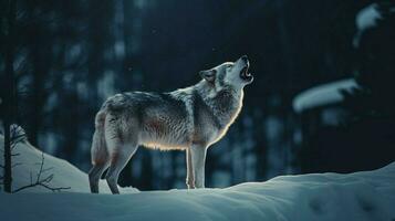 grijs wolf gehuil in de arctisch winter foto
