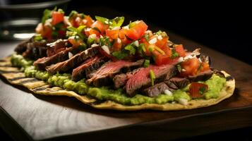 gegrild rundvlees taco met guacamole koriander en tomaat foto