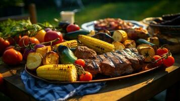 gegrild vlees en groenten Aan een barbecue een zomer picknick foto