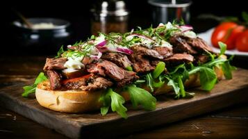 gegrild vlees Aan ciabatta vers salade eigengemaakt saus Gezondheid foto