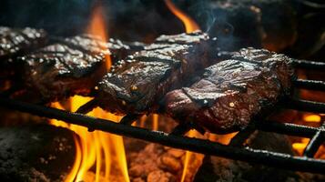 gegrild vlees Aan brand natuurlijk warmte barbecue steenkool dichtbij omhoog foto