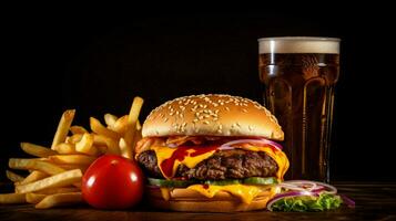 Hamburger met Frans Patat en Frisdrank drinken foto