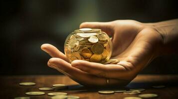 hand- Holding munt bank symboliseert rijkdom groei foto