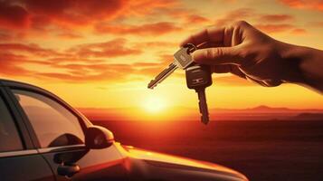 hand- Holding sleutel het rijden auto in zonsondergang foto