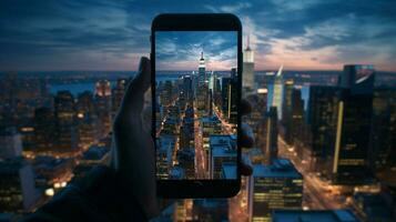 handheld apparaat vangt verbijsterend stad horizon Bij nacht foto