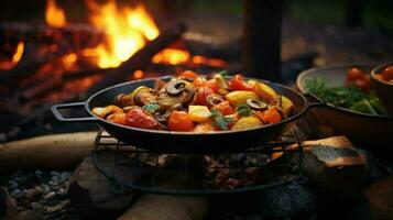 gezond vegetarisch maaltijd gekookt buitenshuis Aan hout vlam foto