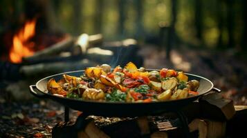 gezond vegetarisch maaltijd gekookt buitenshuis Aan hout vlam foto