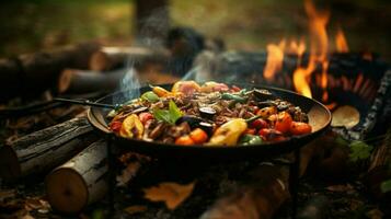 gezond vegetarisch maaltijd gekookt buitenshuis Aan hout vlam foto