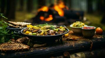 gezond vegetarisch maaltijd gekookt buitenshuis Aan hout vlam foto