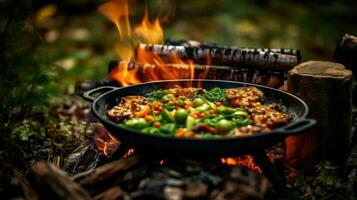 gezond vegetarisch maaltijd gekookt buitenshuis Aan hout vlam foto