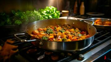 gezond vegetarisch stoofpot Koken Aan fornuis top in eigengemaakt foto