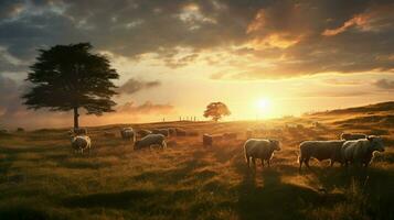 kudde begrazing Aan weide verlicht door zonsondergang foto