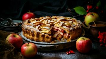 eigengemaakt appel taart gebakken met vers fruit en rustiek Verleden foto