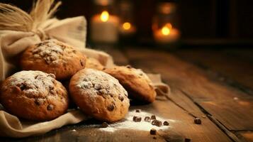 eigengemaakt gebakken goederen Aan rustiek hout tafel muffin koekje foto