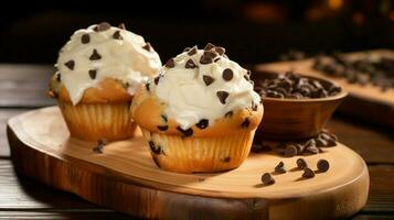 eigengemaakt chocola spaander muffin met romig suikerglazuur Aan houten tafel foto