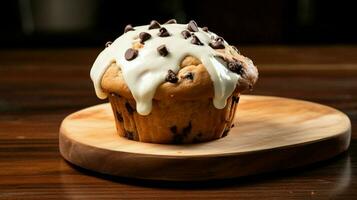 eigengemaakt chocola spaander muffin met romig suikerglazuur Aan houten tafel foto